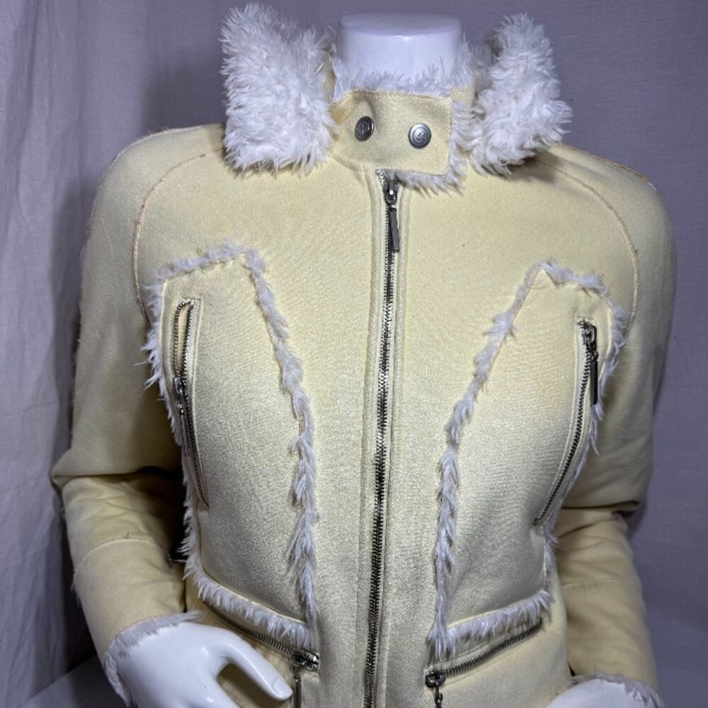 Womens bebe Faux Shearling Yellow Hood With Zipper Detail Moto Jacket Size Mediu